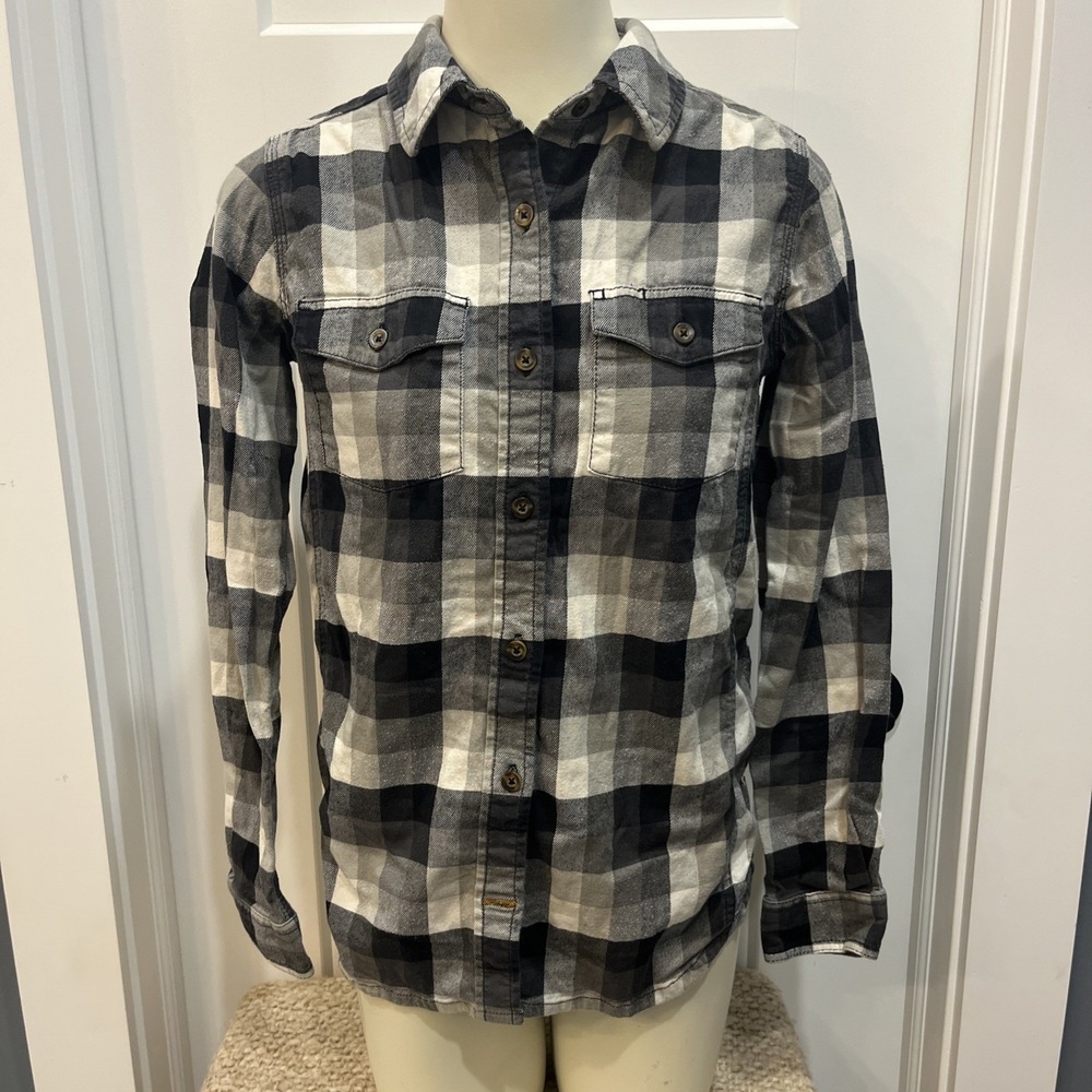Carhartt Women's Size XS 0/2 Stretch Buffalo Plaid Flannel Black Gray Work Shirt